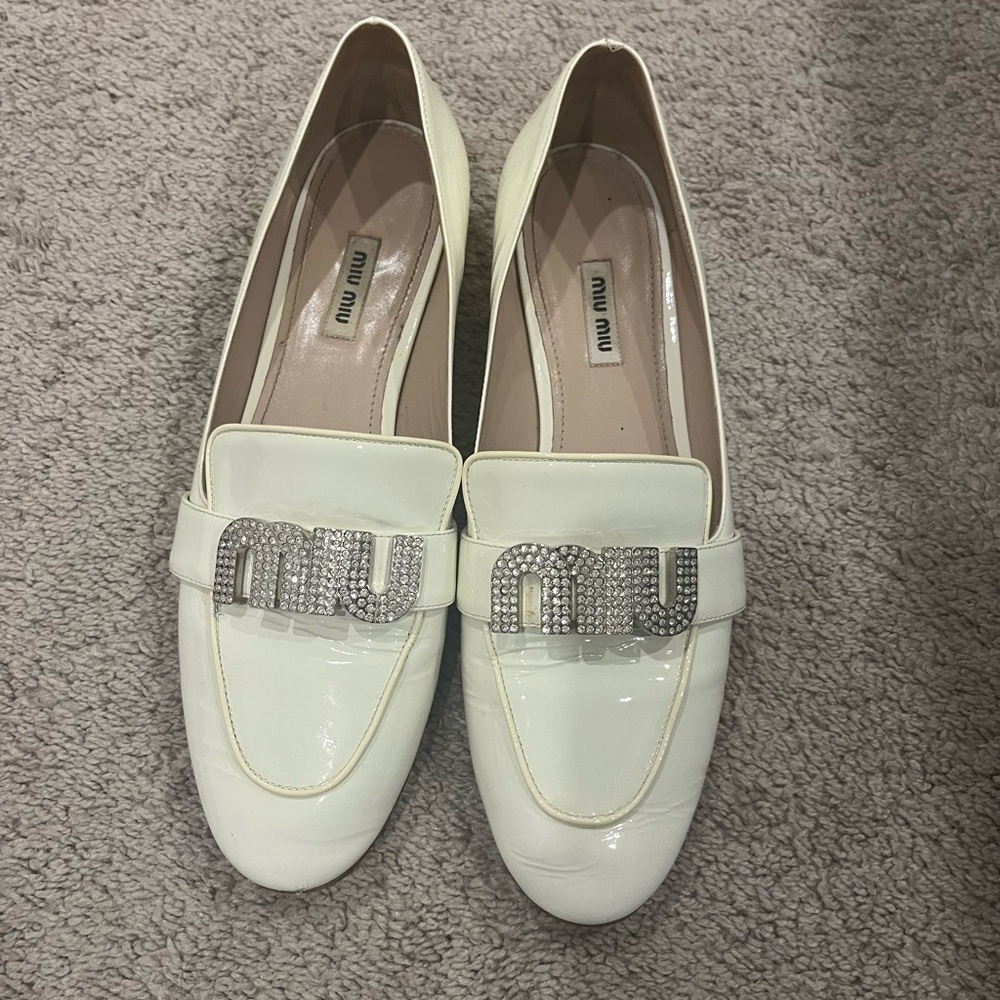 Miu Miu Cream Loafers with Crystal Logo